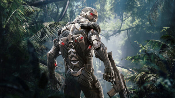 A person wearing a helmet holding a gun in a dense jungle environment.