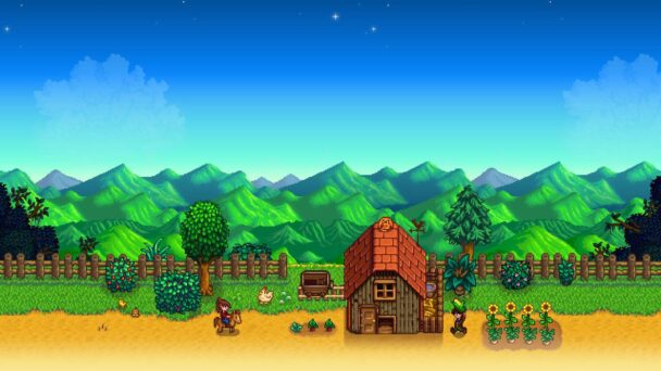 A small rustic hut surrounded by lush green countryside, set against a backdrop of rolling hills and a clear blue sky.