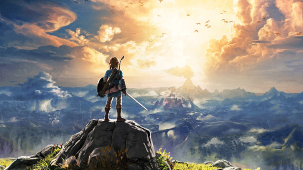 A person hiking through a scenic landscape with a clear blue sky, carrying a bag and surrounded by nature. In the distance, a bird soars gracefully.